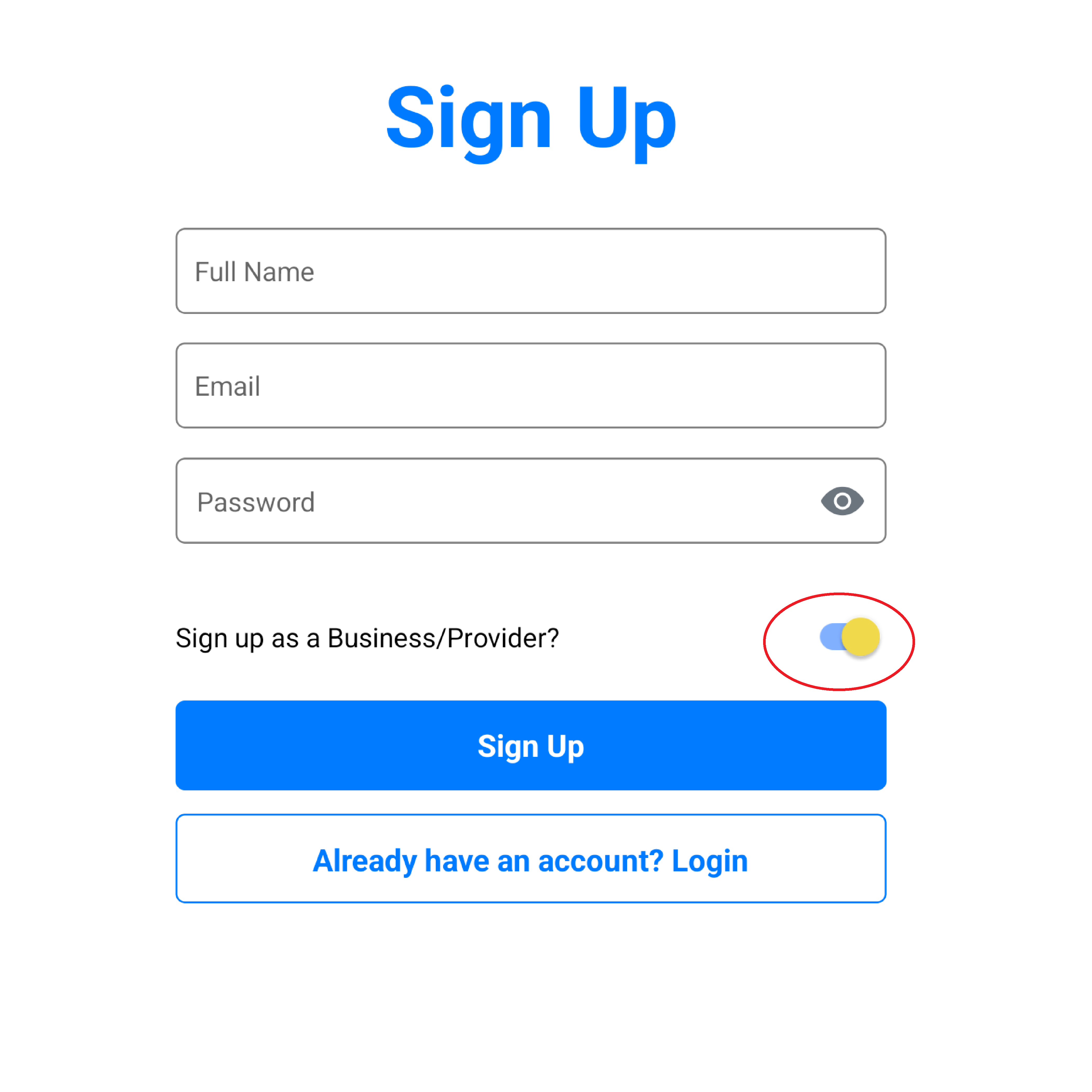 Sign up screen